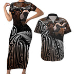 Aotearoa Maori - Australia Indigenous Couples Matching Short Sleeve Bodycon Dress and Hawaiian Shirt Koiri Whakairo Mix Aboriginal Art - Aussie Hoodie