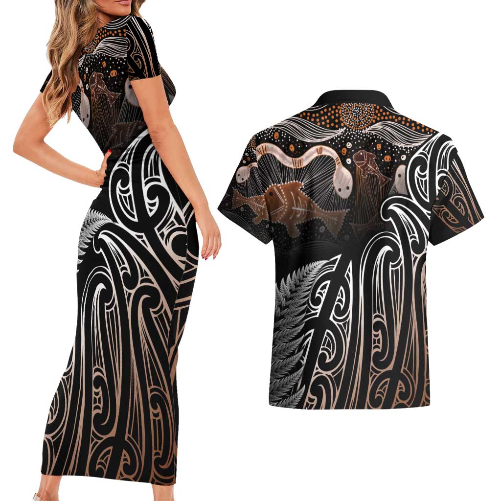 Aotearoa Maori - Australia Indigenous Couples Matching Short Sleeve Bodycon Dress and Hawaiian Shirt Koiri Whakairo Mix Aboriginal Art - Aussie Hoodie