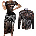 Aotearoa Maori - Australia Indigenous Couples Matching Short Sleeve Bodycon Dress and Long Sleeve Button Shirt Koiri Whakairo Mix Aboriginal Art - Aussie Hoodie