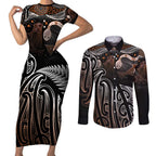 Aotearoa Maori - Australia Indigenous Couples Matching Short Sleeve Bodycon Dress and Long Sleeve Button Shirt Koiri Whakairo Mix Aboriginal Art - Aussie Hoodie