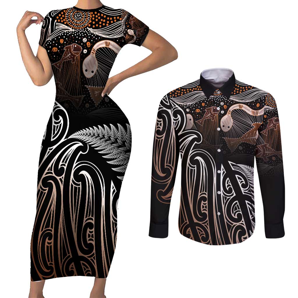 Aotearoa Maori - Australia Indigenous Couples Matching Short Sleeve Bodycon Dress and Long Sleeve Button Shirt Koiri Whakairo Mix Aboriginal Art - Aussie Hoodie