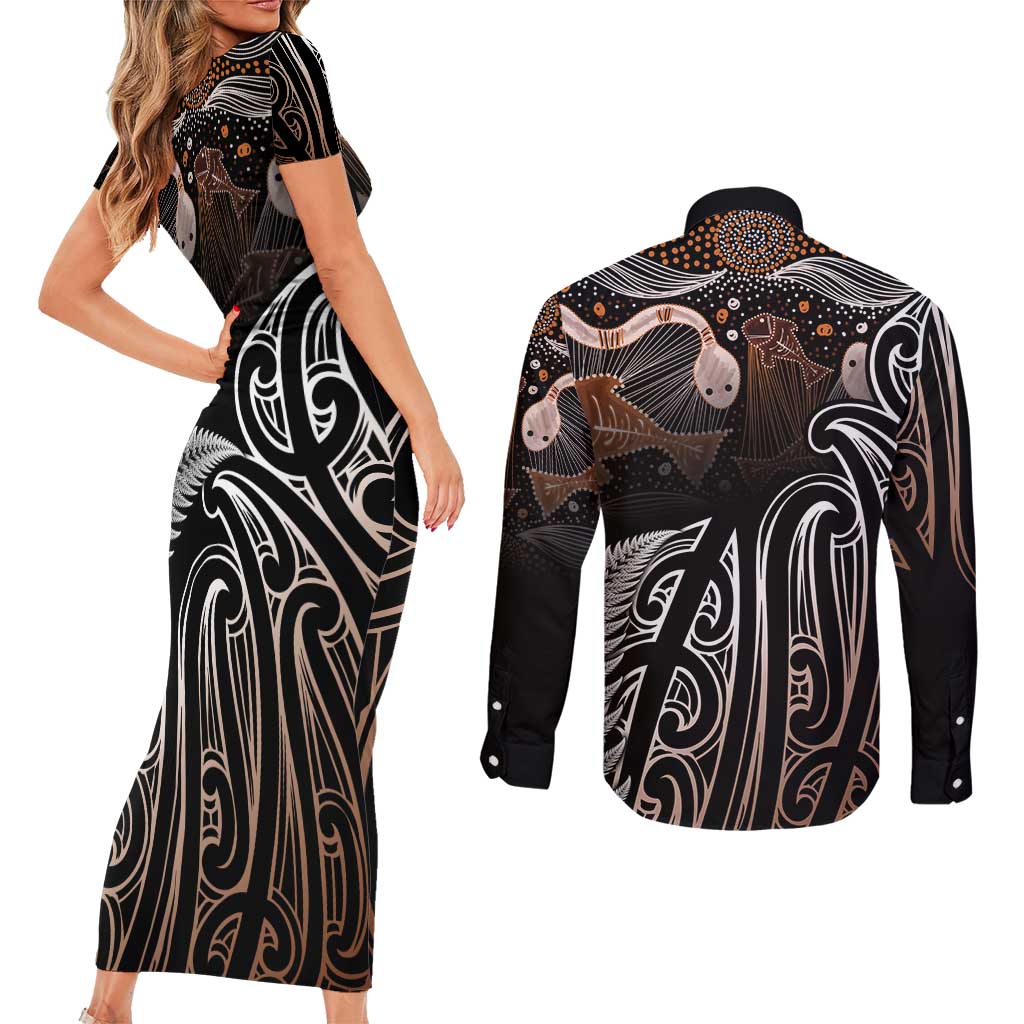 Aotearoa Maori - Australia Indigenous Couples Matching Short Sleeve Bodycon Dress and Long Sleeve Button Shirt Koiri Whakairo Mix Aboriginal Art - Aussie Hoodie