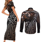 Aotearoa Maori - Australia Indigenous Couples Matching Short Sleeve Bodycon Dress and Long Sleeve Button Shirt Koiri Whakairo Mix Aboriginal Art - Aussie Hoodie