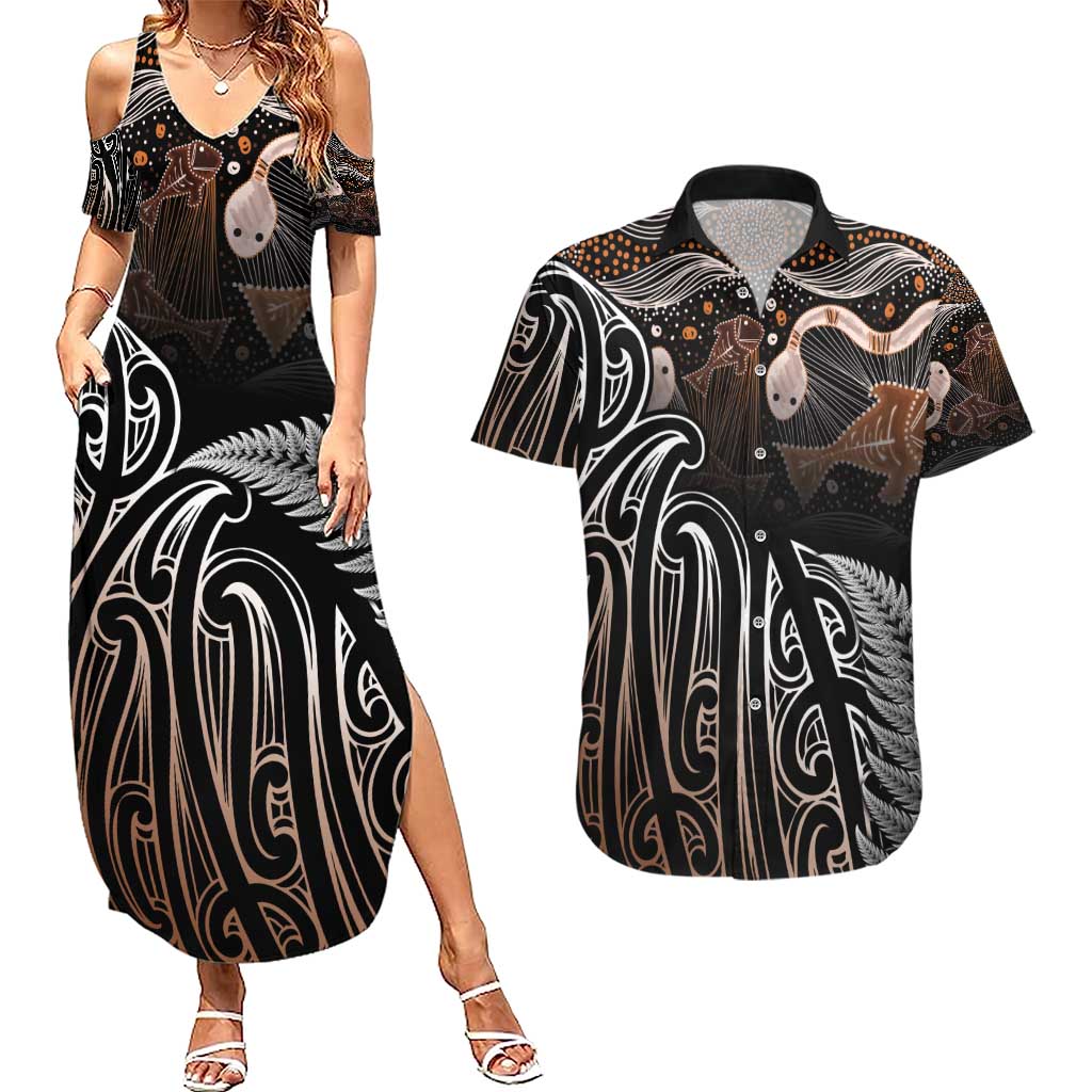 Aotearoa Maori - Australia Indigenous Couples Matching Summer Maxi Dress and Hawaiian Shirt Koiri Whakairo Mix Aboriginal Art - Aussie Hoodie