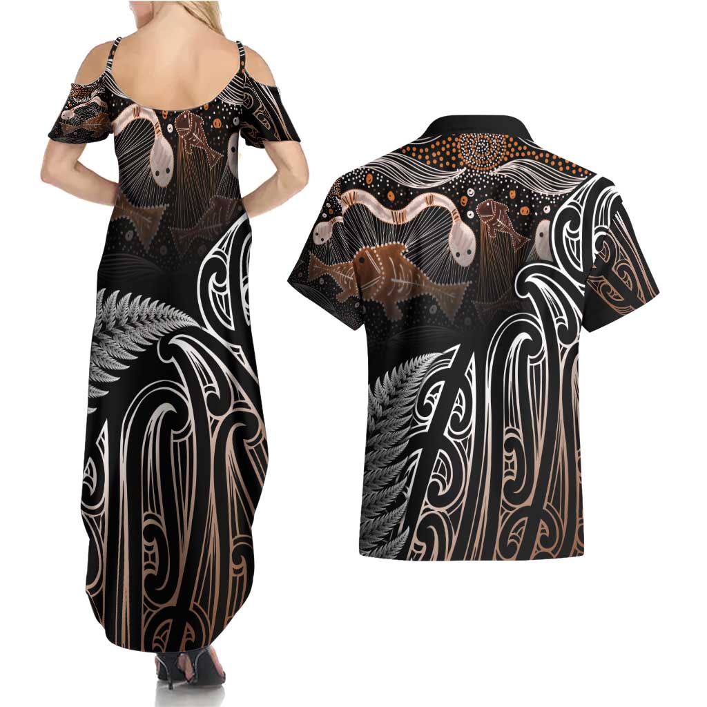 Aotearoa Maori - Australia Indigenous Couples Matching Summer Maxi Dress and Hawaiian Shirt Koiri Whakairo Mix Aboriginal Art - Aussie Hoodie