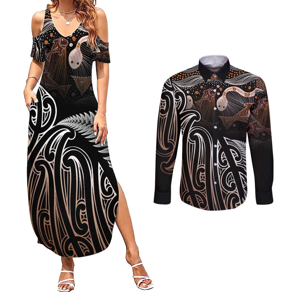 Aotearoa Maori - Australia Indigenous Couples Matching Summer Maxi Dress and Long Sleeve Button Shirt Koiri Whakairo Mix Aboriginal Art - Aussie Hoodie