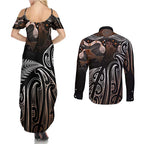 Aotearoa Maori - Australia Indigenous Couples Matching Summer Maxi Dress and Long Sleeve Button Shirt Koiri Whakairo Mix Aboriginal Art - Aussie Hoodie