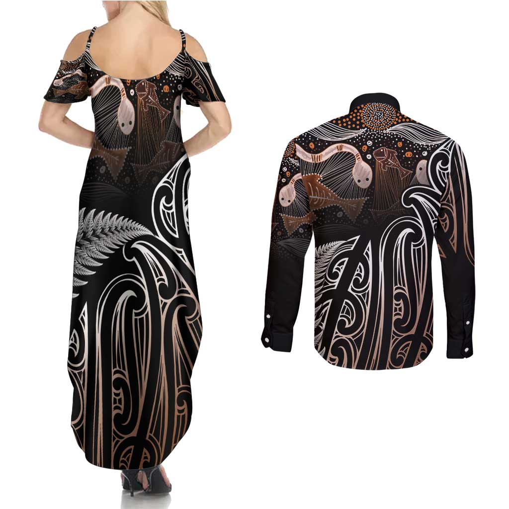 Aotearoa Maori - Australia Indigenous Couples Matching Summer Maxi Dress and Long Sleeve Button Shirt Koiri Whakairo Mix Aboriginal Art - Aussie Hoodie