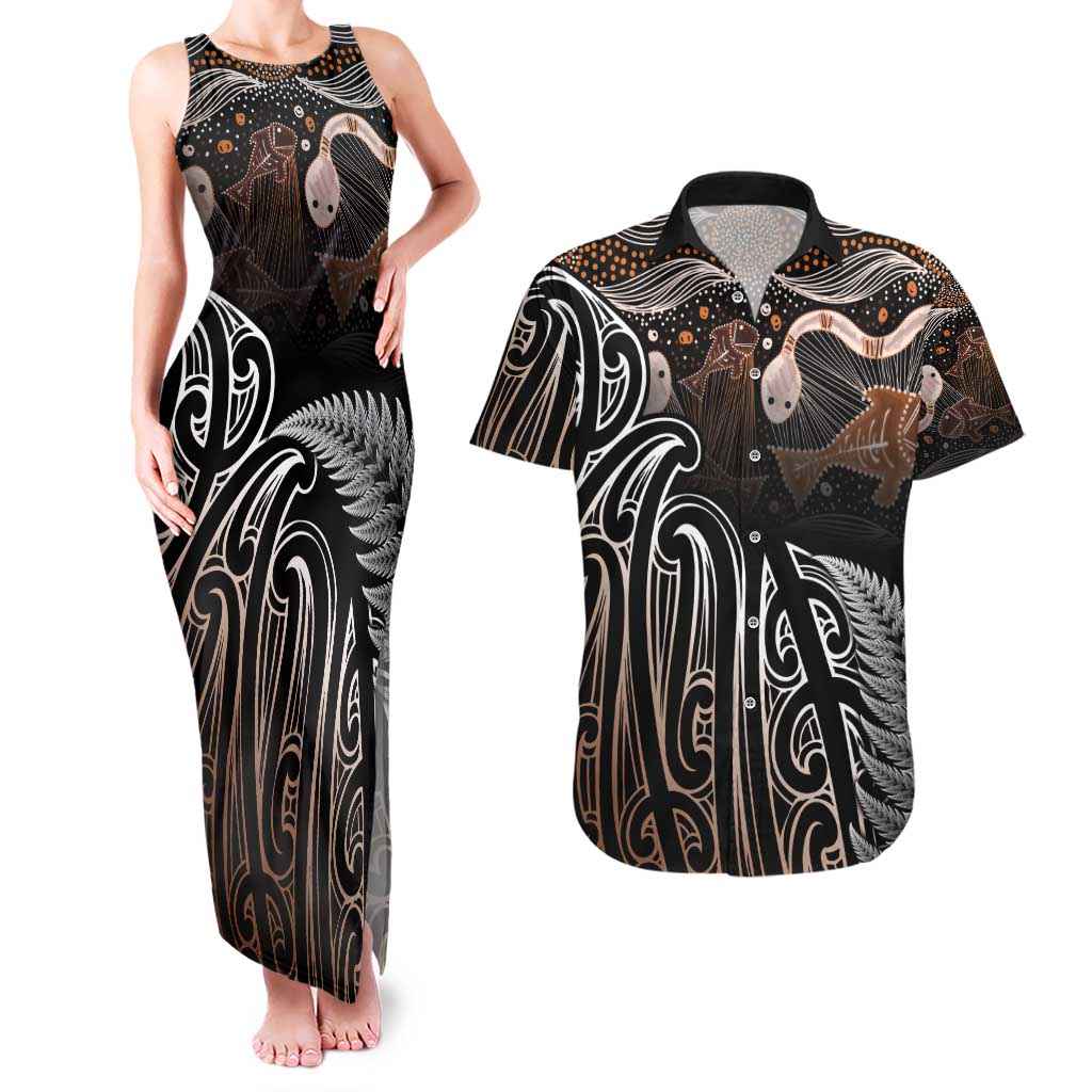 Aotearoa Maori - Australia Indigenous Couples Matching Tank Maxi Dress and Hawaiian Shirt Koiri Whakairo Mix Aboriginal Art - Aussie Hoodie