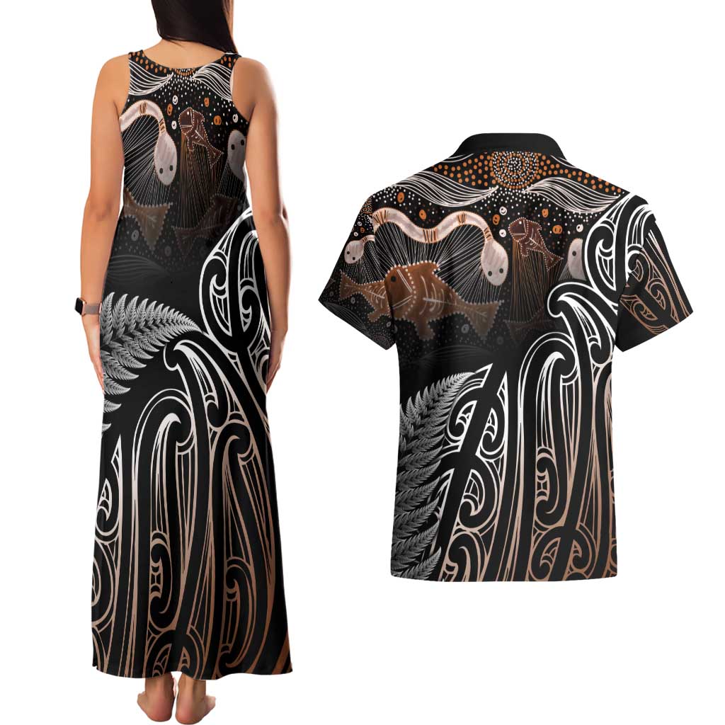 Aotearoa Maori - Australia Indigenous Couples Matching Tank Maxi Dress and Hawaiian Shirt Koiri Whakairo Mix Aboriginal Art - Aussie Hoodie