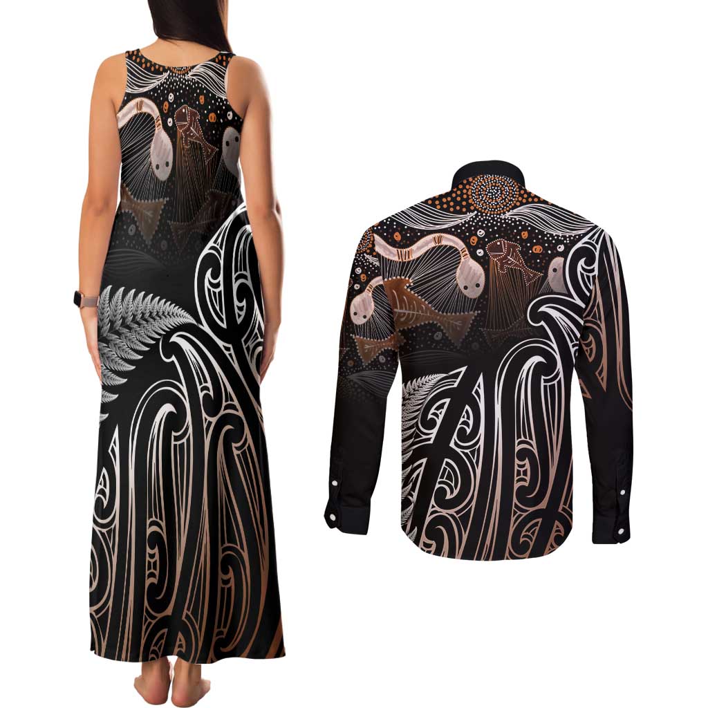 Aotearoa Maori - Australia Indigenous Couples Matching Tank Maxi Dress and Long Sleeve Button Shirt Koiri Whakairo Mix Aboriginal Art - Aussie Hoodie