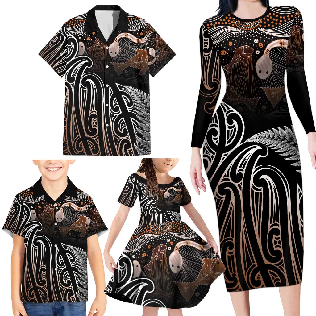 Aotearoa Maori - Australia Indigenous Family Matching Long Sleeve Bodycon Dress and Hawaiian Shirt Koiri Whakairo Mix Aboriginal Art - Aussie Hoodie