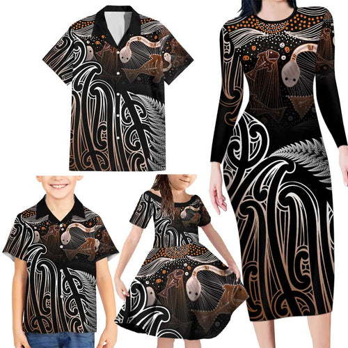 Aotearoa Maori - Australia Indigenous Family Matching Long Sleeve Bodycon Dress and Hawaiian Shirt Koiri Whakairo Mix Aboriginal Art - Aussie Hoodie