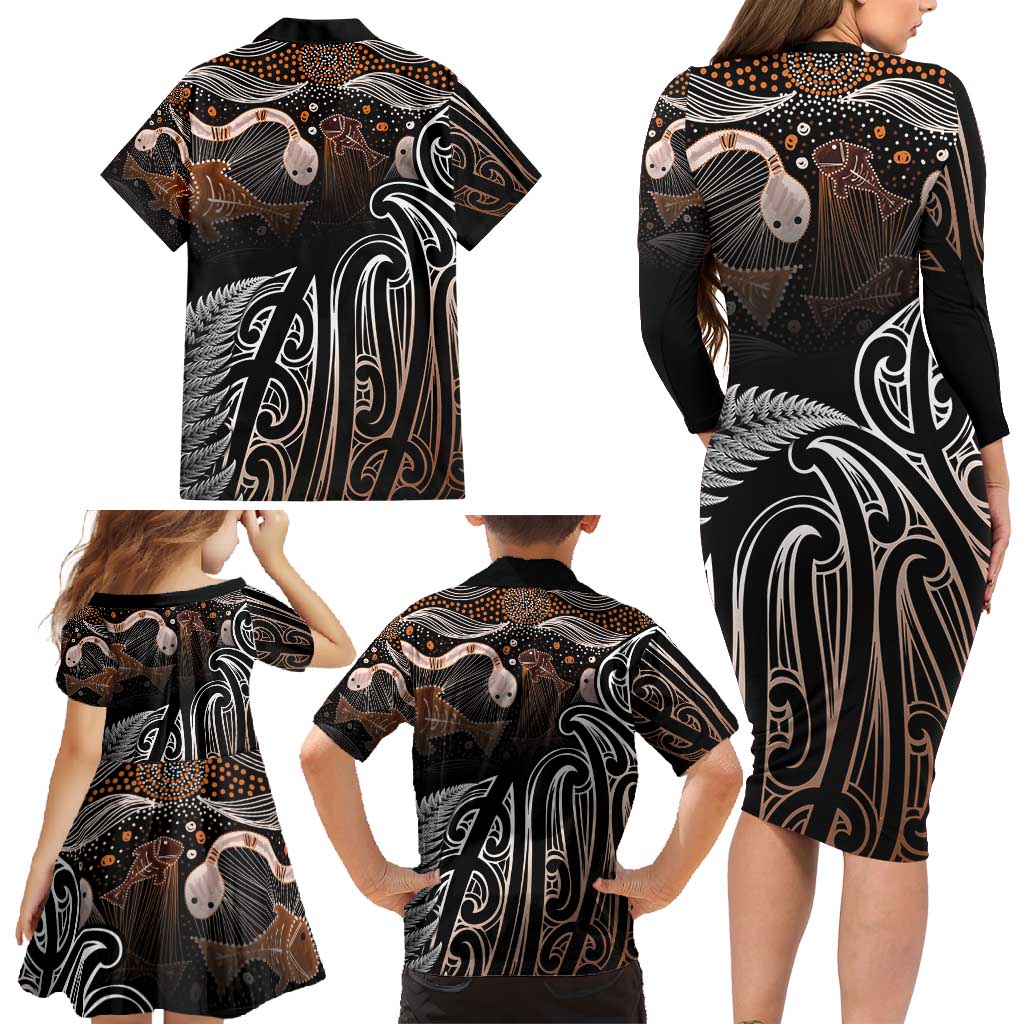 Aotearoa Maori - Australia Indigenous Family Matching Long Sleeve Bodycon Dress and Hawaiian Shirt Koiri Whakairo Mix Aboriginal Art - Aussie Hoodie