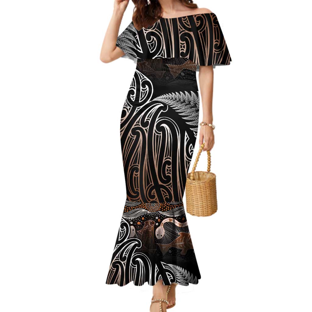 Aotearoa Maori - Australia Indigenous Family Matching Mermaid Dress and Hawaiian Shirt Koiri Whakairo Mix Aboriginal Art - Aussie Hoodie