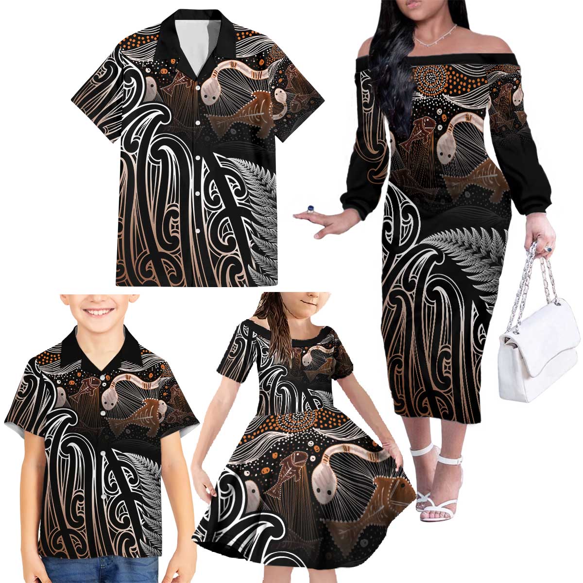 Aotearoa Maori - Australia Indigenous Family Matching Off The Shoulder Long Sleeve Dress and Hawaiian Shirt Koiri Whakairo Mix Aboriginal Art - Aussie Hoodie
