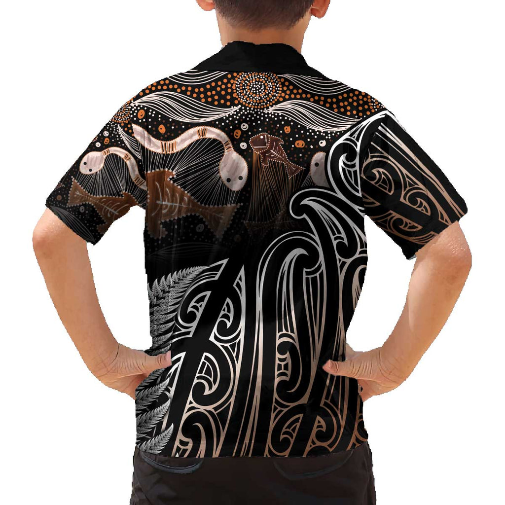 Aotearoa Maori - Australia Indigenous Family Matching Off The Shoulder Long Sleeve Dress and Hawaiian Shirt Koiri Whakairo Mix Aboriginal Art - Aussie Hoodie