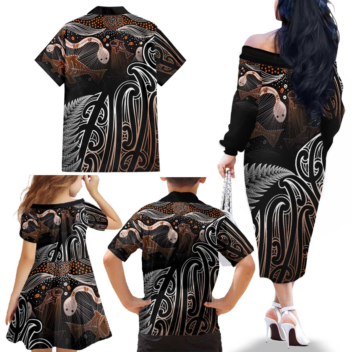 Aotearoa Maori - Australia Indigenous Family Matching Off The Shoulder Long Sleeve Dress and Hawaiian Shirt Koiri Whakairo Mix Aboriginal Art - Aussie Hoodie
