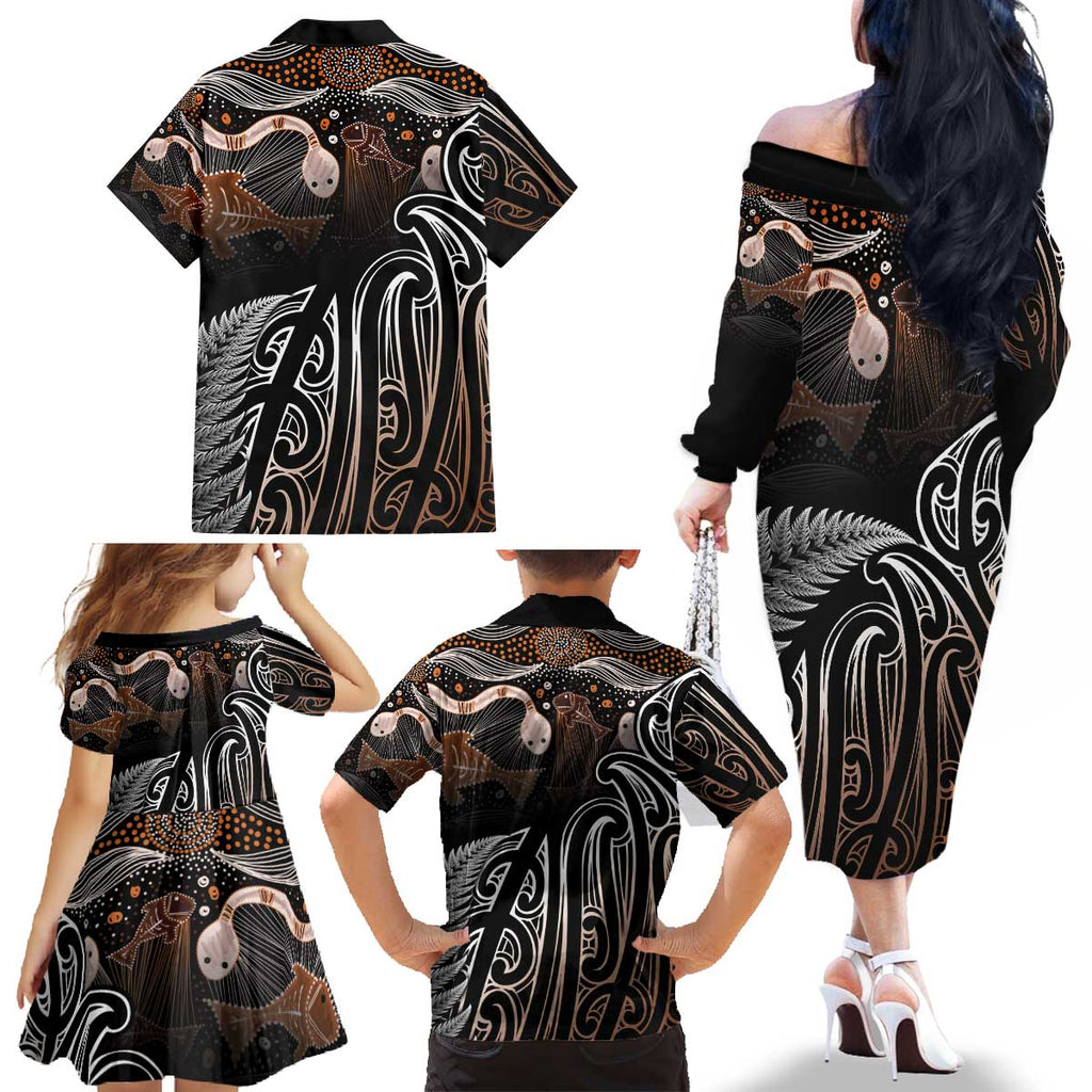 Aotearoa Maori - Australia Indigenous Family Matching Off The Shoulder Long Sleeve Dress and Hawaiian Shirt Koiri Whakairo Mix Aboriginal Art - Aussie Hoodie
