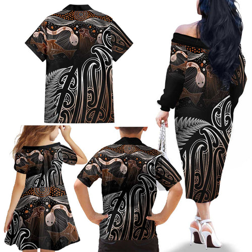 Aotearoa Maori - Australia Indigenous Family Matching Off The Shoulder Long Sleeve Dress and Hawaiian Shirt Koiri Whakairo Mix Aboriginal Art - Aussie Hoodie