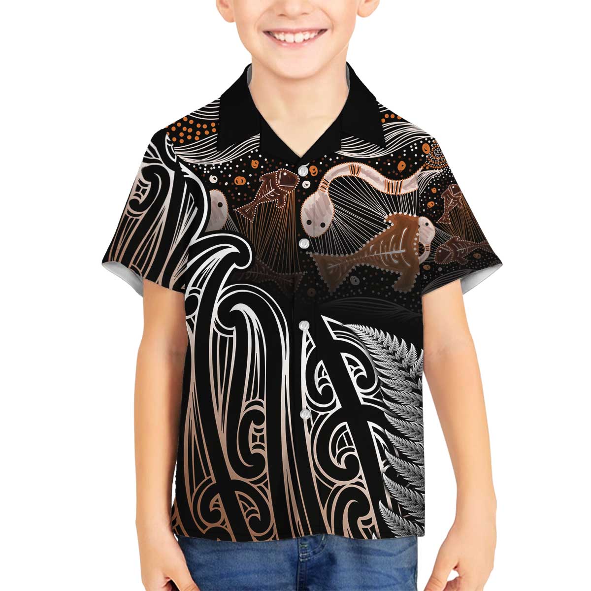 Aotearoa Maori - Australia Indigenous Family Matching Off The Shoulder Long Sleeve Dress and Hawaiian Shirt Koiri Whakairo Mix Aboriginal Art - Aussie Hoodie