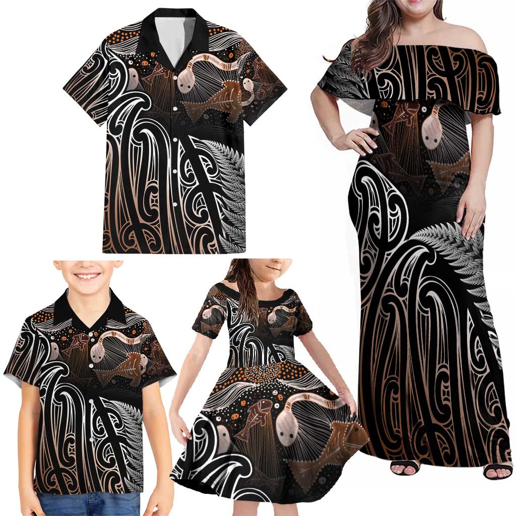 Aotearoa Maori - Australia Indigenous Family Matching Off Shoulder Maxi Dress and Hawaiian Shirt Koiri Whakairo Mix Aboriginal Art - Aussie Hoodie