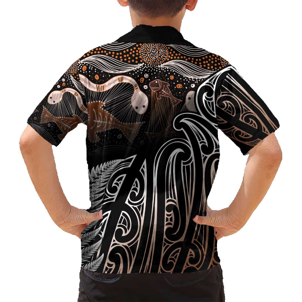 Aotearoa Maori - Australia Indigenous Family Matching Off Shoulder Maxi Dress and Hawaiian Shirt Koiri Whakairo Mix Aboriginal Art - Aussie Hoodie
