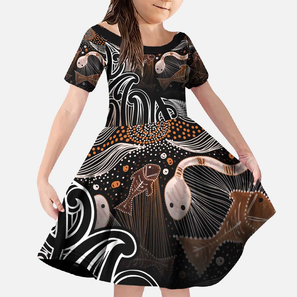 Aotearoa Maori - Australia Indigenous Family Matching Off Shoulder Maxi Dress and Hawaiian Shirt Koiri Whakairo Mix Aboriginal Art - Aussie Hoodie