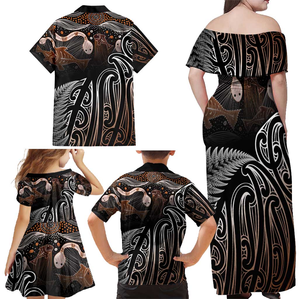 Aotearoa Maori - Australia Indigenous Family Matching Off Shoulder Maxi Dress and Hawaiian Shirt Koiri Whakairo Mix Aboriginal Art - Aussie Hoodie