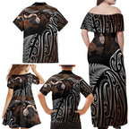 Aotearoa Maori - Australia Indigenous Family Matching Off Shoulder Maxi Dress and Hawaiian Shirt Koiri Whakairo Mix Aboriginal Art - Aussie Hoodie