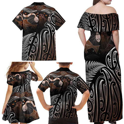 Aotearoa Maori - Australia Indigenous Family Matching Off Shoulder Maxi Dress and Hawaiian Shirt Koiri Whakairo Mix Aboriginal Art - Aussie Hoodie