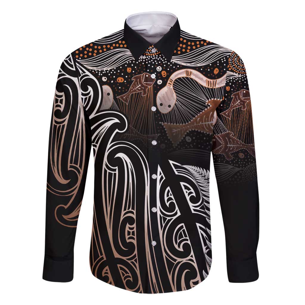 Aotearoa Maori - Australia Indigenous Family Matching Off Shoulder Maxi Dress and Hawaiian Shirt Koiri Whakairo Mix Aboriginal Art - Aussie Hoodie