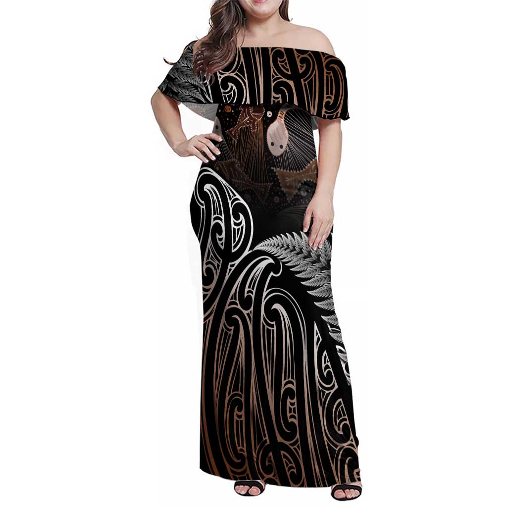 Aotearoa Maori - Australia Indigenous Family Matching Off Shoulder Maxi Dress and Hawaiian Shirt Koiri Whakairo Mix Aboriginal Art - Aussie Hoodie