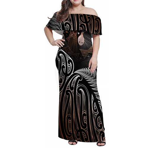 Aotearoa Maori - Australia Indigenous Family Matching Off Shoulder Maxi Dress and Hawaiian Shirt Koiri Whakairo Mix Aboriginal Art - Aussie Hoodie