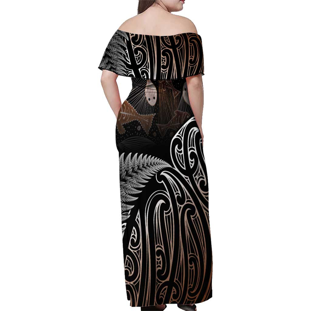 Aotearoa Maori - Australia Indigenous Family Matching Off Shoulder Maxi Dress and Hawaiian Shirt Koiri Whakairo Mix Aboriginal Art - Aussie Hoodie