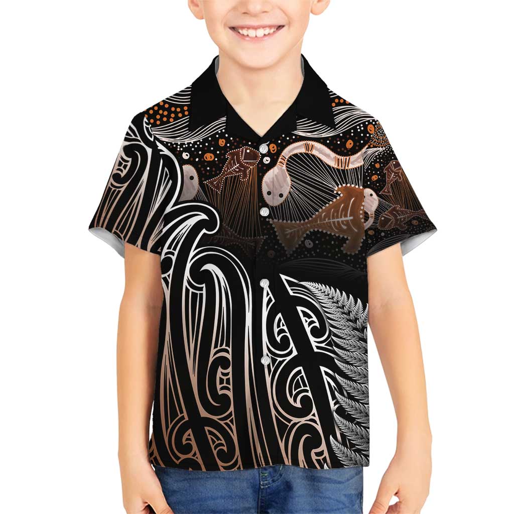 Aotearoa Maori - Australia Indigenous Family Matching Off Shoulder Maxi Dress and Hawaiian Shirt Koiri Whakairo Mix Aboriginal Art - Aussie Hoodie