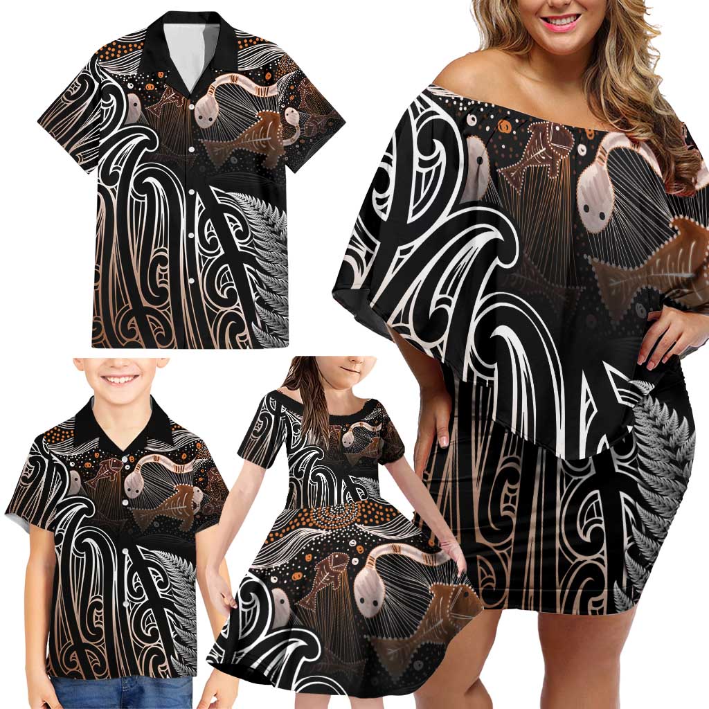 Aotearoa Maori - Australia Indigenous Family Matching Off Shoulder Short Dress and Hawaiian Shirt Koiri Whakairo Mix Aboriginal Art - Aussie Hoodie