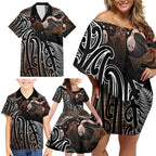 Aotearoa Maori - Australia Indigenous Family Matching Off Shoulder Short Dress and Hawaiian Shirt Koiri Whakairo Mix Aboriginal Art - Aussie Hoodie