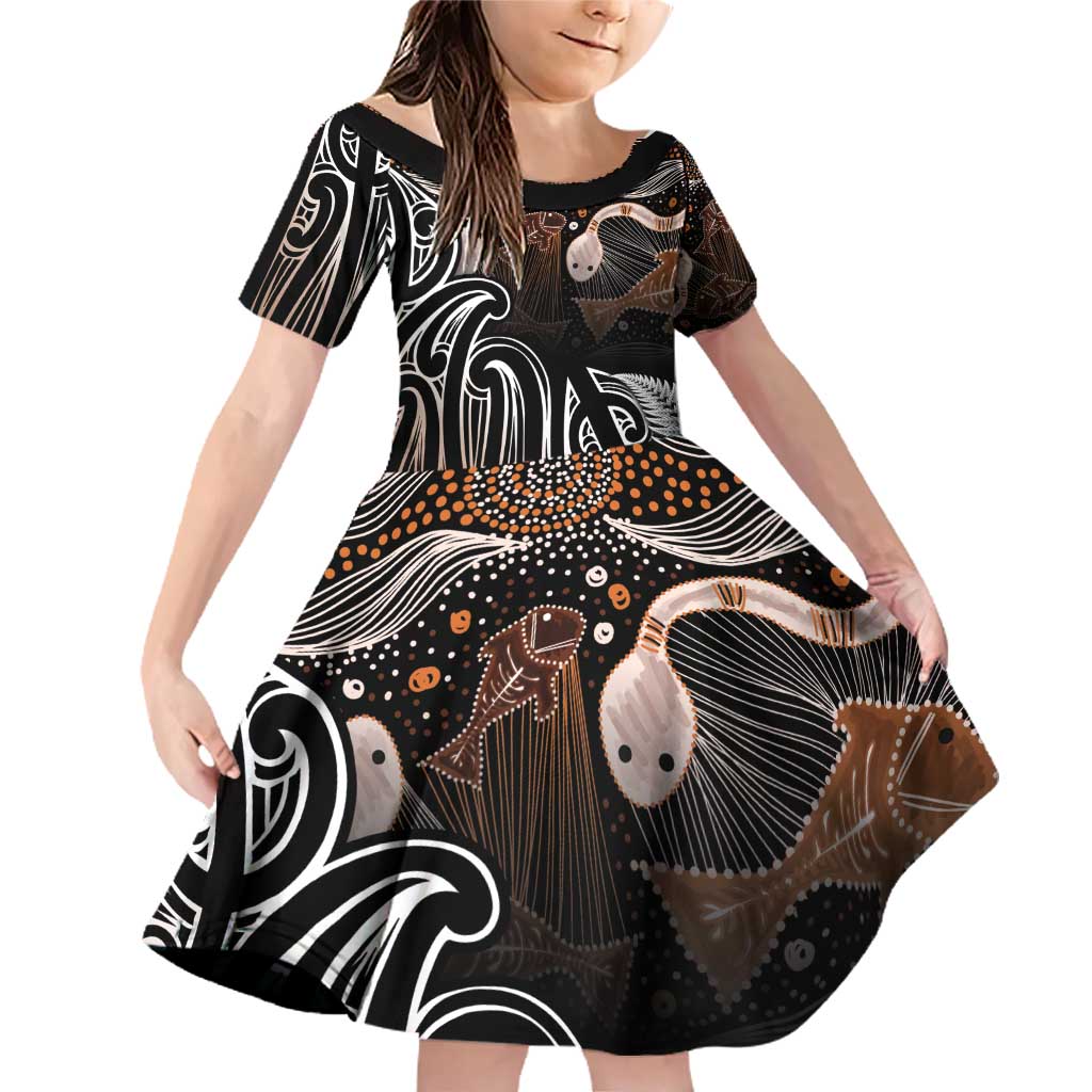 Aotearoa Maori - Australia Indigenous Family Matching Off Shoulder Short Dress and Hawaiian Shirt Koiri Whakairo Mix Aboriginal Art - Aussie Hoodie