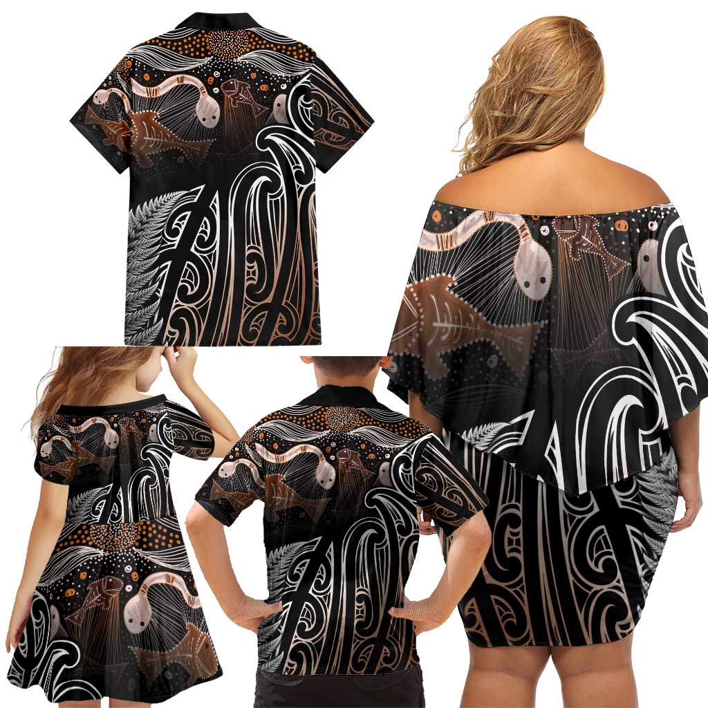 Aotearoa Maori - Australia Indigenous Family Matching Off Shoulder Short Dress and Hawaiian Shirt Koiri Whakairo Mix Aboriginal Art - Aussie Hoodie