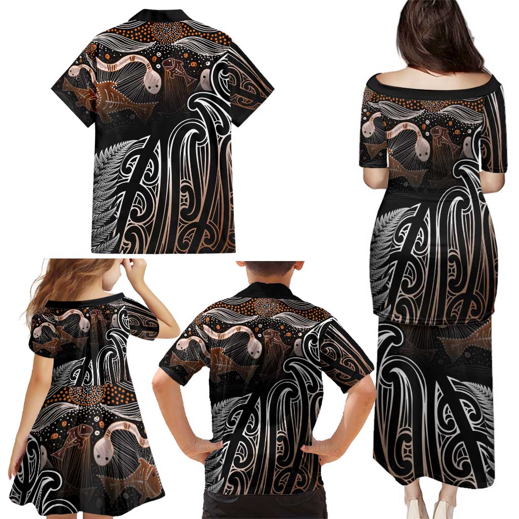 Aotearoa Maori - Australia Indigenous Family Matching Puletasi and Hawaiian Shirt Koiri Whakairo Mix Aboriginal Art - Aussie Hoodie