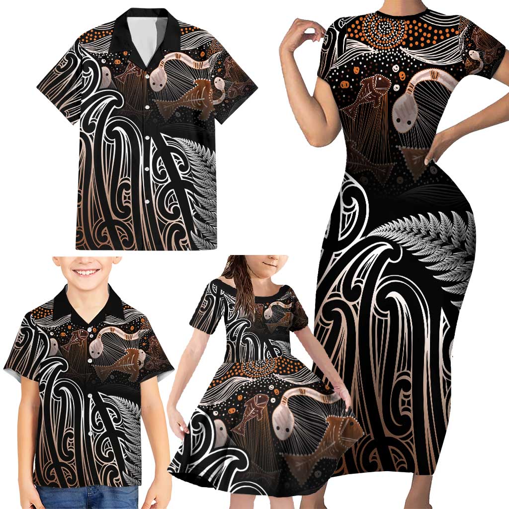 Aotearoa Maori - Australia Indigenous Family Matching Short Sleeve Bodycon Dress and Hawaiian Shirt Koiri Whakairo Mix Aboriginal Art - Aussie Hoodie