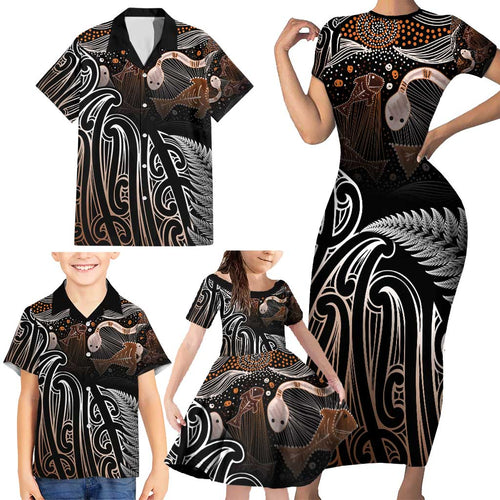 Aotearoa Maori - Australia Indigenous Family Matching Short Sleeve Bodycon Dress and Hawaiian Shirt Koiri Whakairo Mix Aboriginal Art - Aussie Hoodie