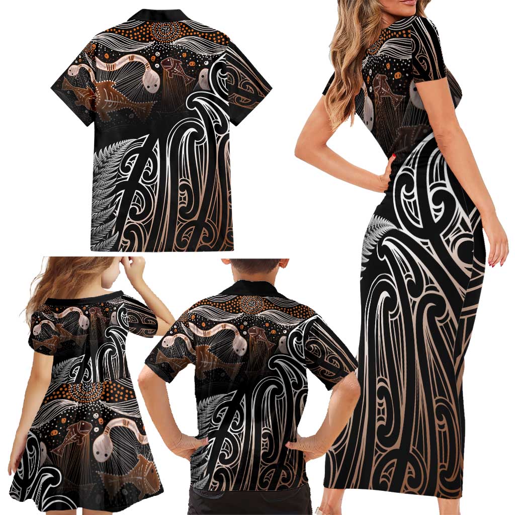 Aotearoa Maori - Australia Indigenous Family Matching Short Sleeve Bodycon Dress and Hawaiian Shirt Koiri Whakairo Mix Aboriginal Art - Aussie Hoodie