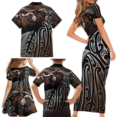 Aotearoa Maori - Australia Indigenous Family Matching Short Sleeve Bodycon Dress and Hawaiian Shirt Koiri Whakairo Mix Aboriginal Art - Aussie Hoodie