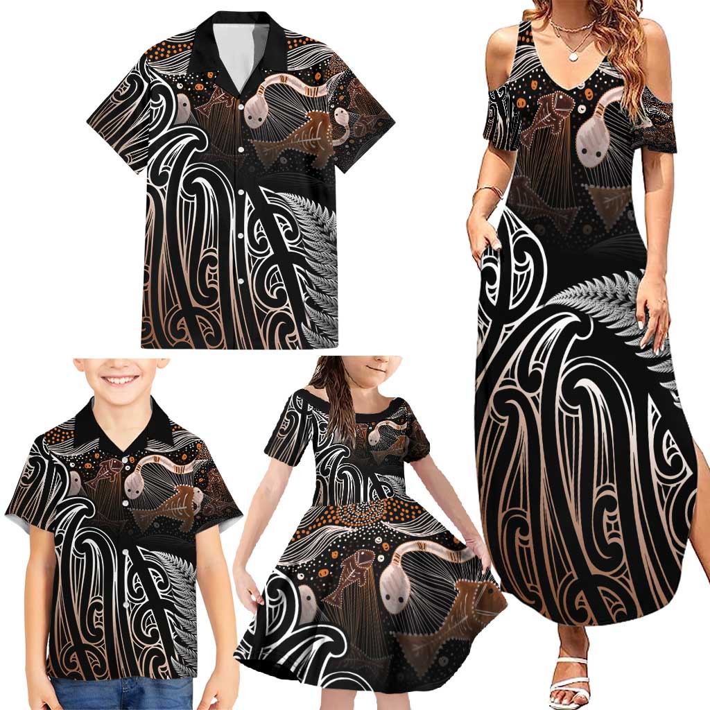Aotearoa Maori - Australia Indigenous Family Matching Summer Maxi Dress and Hawaiian Shirt Koiri Whakairo Mix Aboriginal Art - Aussie Hoodie