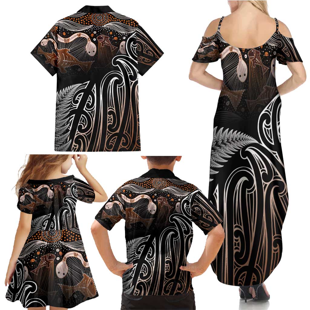 Aotearoa Maori - Australia Indigenous Family Matching Summer Maxi Dress and Hawaiian Shirt Koiri Whakairo Mix Aboriginal Art - Aussie Hoodie