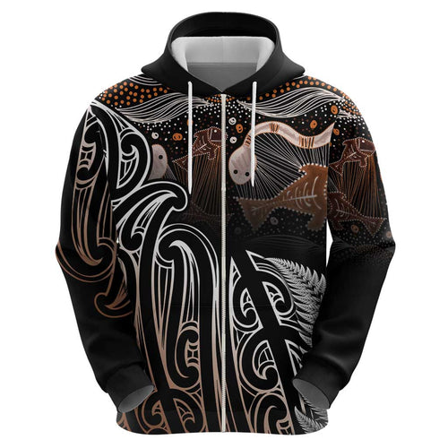 Aotearoa Maori - Australia Indigenous Hoodie Koiri Whakairo Mix Aboriginal Art - Aussie Hoodie
