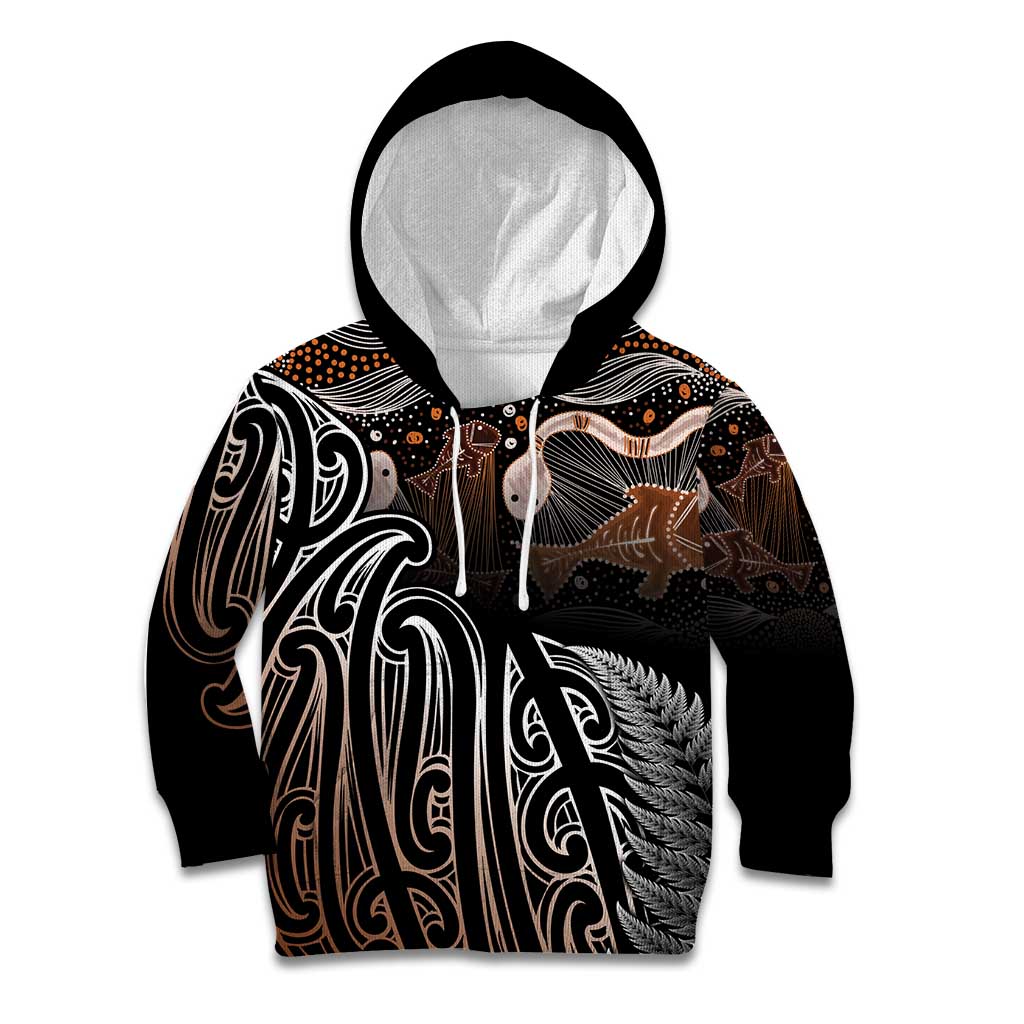 Aotearoa Maori - Australia Indigenous Kid Hoodie Koiri Whakairo Mix Aboriginal Art - Aussie Hoodie