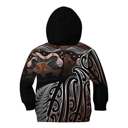 Aotearoa Maori - Australia Indigenous Kid Hoodie Koiri Whakairo Mix Aboriginal Art - Aussie Hoodie